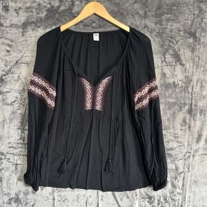 Old Navy Women's XL Boho Embroidered Peasant Blouse Black  Tassels